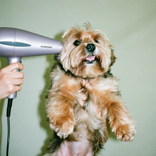 A small dog being blow-dried after a bath